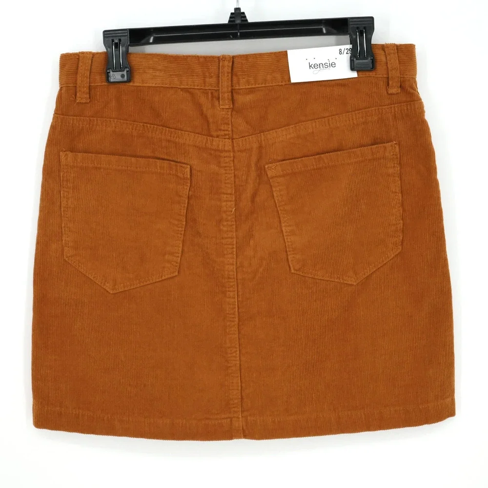 Kensie Skirt Womens 8 Waist 29 Rust Brown Corduroy Button Front Pockets New